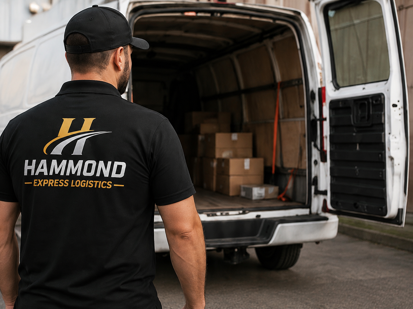 Hammond Express Logistics delivery worker loading packages into a cargo van